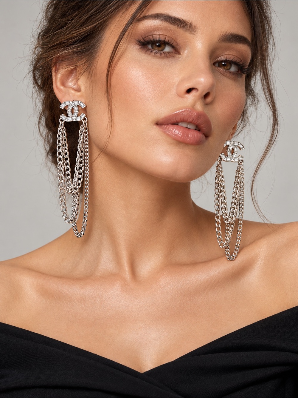 Chanel Silver Chain Logo Drop Earrings - Pierced / Edgy